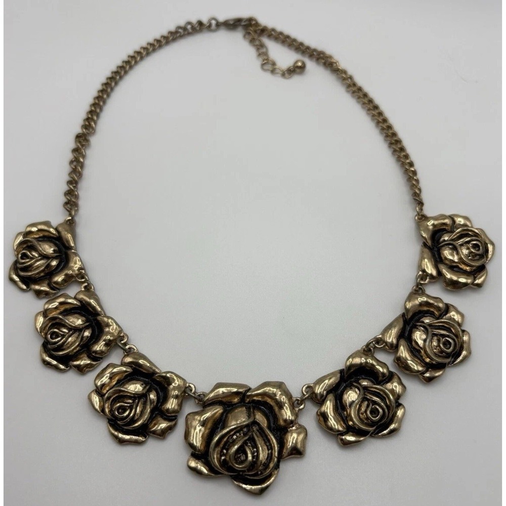 Gold Tone Rose Flower Statement Bib Necklace Floral Collar